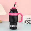 Detailed view of black and pink stainless steel insulated mug with straw and handle - 1000ml / Black