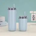 Set aus zwei hellblauen vakuumisolierten 304-Edelstahlbechern mit tragbaren Strohhalmen - 280ml / Hellblau