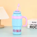 Stainless steel insulated tumbler with handle and straw in blue and pink pastel colors - 1000ml / Sky Blue