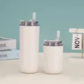 Zwei weiße Isolierbecher aus Edelstahl mit klarem Strohhalm und Deckel in zwei Größen - 280ml / Milchweiß