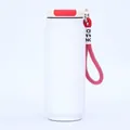 Detailed view of white soda can vacuum insulated cup with a durable red carry strap - 500ml / White