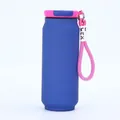 Close-up of blue soda can shaped insulated thermos bottle with pink portable strap detail - 500ml / Dark Blue