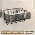 Medium black wall-mounted bathroom shelf with bottom hooks and adhesive pads - Medium Storage Rack with Hooks / Black