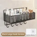 Large black wall-mounted bathroom storage rack with 5 hooks and adhesives - Large Storage Rack with Hooks / Black