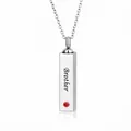 Silver vertical bar cremation urn necklace with Brother engraving and red stone. - July (Red Rhinestone)