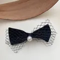 Close-up of elegant black velvet bow hair clip with mesh wings and pearl center. - Mesh Two-Tail Bowknot Spring Clip (6#) / Black