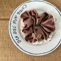 Elegant brown satin scrunchie with white lace trim and delicate rose floral accents - Rose Lace Scrunchie (2#) / Khaki