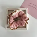 Sweet French style pink scrunchie hair tie with delicate white lace trim detail - 18# brown edge pink hair ring