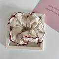 Creamy white French lace scrunchie with elegant burgundy scalloped edges. - Beige Scrunchie with Brown Edge (1#) / Off White