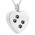 Heart-shaped stainless steel cremation urn necklace with black paw print engravings - Heart Paw Print (Silver)