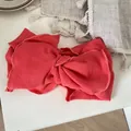 Vibrant coral ribbed cotton bow headband for women - Rose Pink