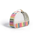 Detail view of the rainbow straw woven texture and clear PVC window on the makeup bag - Rainbow Stripe Medium