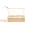 Detailed side view of the clear cosmetic bag featuring a straw-woven base and strap. - Beige