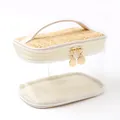 Clear PVC and straw travel toiletry bag with white handle and gold zippers. - Large Size (PC307化妆包) / 24cmx15cmx14.5cm / Beige