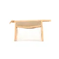 Detail view of clear PVC makeup bag with elegant straw woven trim and zip closure - L / Beige