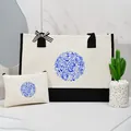 Canvas tote and pouch set with blue floral mandala print for women. - Blue and Chinese Figure 1 suit