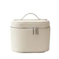 Large capacity cream white leather makeup bag with top handle for travel storage and makeup - White