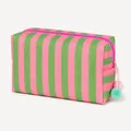 Opvallende roze en groen gestreepte canvas make-uptas met zachte pompon ritstrekkers - Roze en Groen Gestreepte