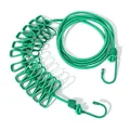 Portable green elastic travel clothesline with windproof non-slip clips and hooks. - Green
