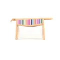 Detail view of a transparent PVC makeup bag featuring a colorful rainbow woven trim. - Rainbow Weaving / L