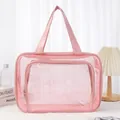 Detailopname van roze transparante toilettas van gaas met handvatten en rits - 37x13x24cm / Roze