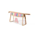 Detail of a transparent PVC makeup bag featuring rainbow straw trim and a pink letter A. - Rainbow with Pink Letter / L