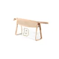 Close-up of clear PVC cosmetic bag featuring straw trim and yellow letter B embroidery - White Letter / S / Beige