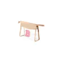 Detail of transparent PVC makeup bag with pink letter B embroidery and straw trim. - Pink Letters / S / Beige