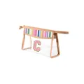 Clear PVC makeup bag with pink letter C patch and rainbow woven straw trim detail. - Rainbow with Pink Letter / S