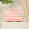 Schattige roze gestreepte canvas make-uptas met een decoratieve pompon ritslus - Crèmewit-roze Strepen