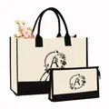 Ensemble élégant de sac cabas et trousse de maquillage en toile avec monogramme floral - Imprimé Lettre A avec Feuilles et Fleurs / Blanc Crème avec Noir