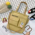 Grand sac cabas jaune en toile avec poches avant pour étudiantes, sac bandoulière pratique - Khaki