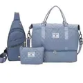 Light blue 3-piece quilted travel bag set including large duffel, sling bag and pouch - Blue