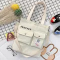 White large capacity canvas crossbody tote bag with double pockets for daily school use - White