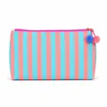 Gestreepte canvas make-uptas in koraal en blauw met schattige pomponbedels - Roze Blauw Gestreept