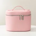 Large capacity pink travel vanity case with premium pebbled leather texture and double zipper - Pink