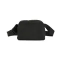 Close-up detail of the black glitter fabric waist bag with an adjustable strap and buckle. - Black