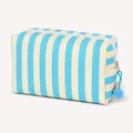 Draagbare blauw en crème gestreepte canvas make-up tas met schattige blauwe pompon bedel - Ivoor & Marineblauw Gestreept