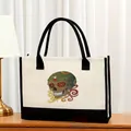 Bolso tote de lona grande con estampado colorido de calavera y asas negras - 43*13.5*30.5cm / Estilo Floral de Calavera de Azúcar Colorida (骷髅1)