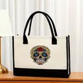 Vista detallada del bolso de lona con estampado de calavera mexicana de colores - 43*13.5*30.5cm / Estilo Calavera de Azúcar Mexicana (骷髅2)