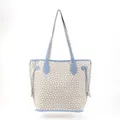 Front view detail of a large capacity printed tote bag with light blue straps and trim - Bone Print (Blue) / Medium (39*4.5*30.5CM)