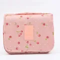 Portable pink floral print toiletry bag and travel cosmetic organizer with hook - Pink Cherry