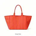 Large capacity canvas tote bag with vibrant orange and pink vertical stripes SKU - Rose Red and Orange Stripes