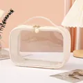 Detail of transparent woven cosmetic bag with golden dual zippers and top handle - 21.2x13.5x8cm / Off White
