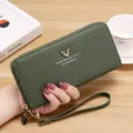 Women's long green leather clutch wallet with litchi grain and stylish wrist strap - Long Zipper Clutch (PG401) / Dark Green