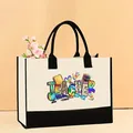 Bolso tote de lona de gran capacidad para mujer con estampado colorido de tema escolar - 43*13.5*30.5cm / Estilo Maestro Elementos Coloridos (Teacher-8)