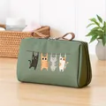 Cute green waterproof travel cosmetic bag featuring four hanging cartoon cat prints - Army Green