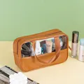 Grande trousse de toilette marron en cuir PU transparent avec poignée pour voyage - PVC 40 Soie + Cuir PU / Brun Moyen