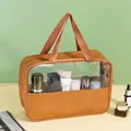 Trousse à maquillage en cuir PU marron et PVC transparent avec poignées - PVC 40 Soie + Cuir PU / Marron Grand