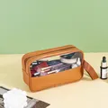 Trousse de maquillage en cuir PU marron et PVC transparent avec poignée supérieure - PVC 40 Soie + Cuir PU / Marron Petit